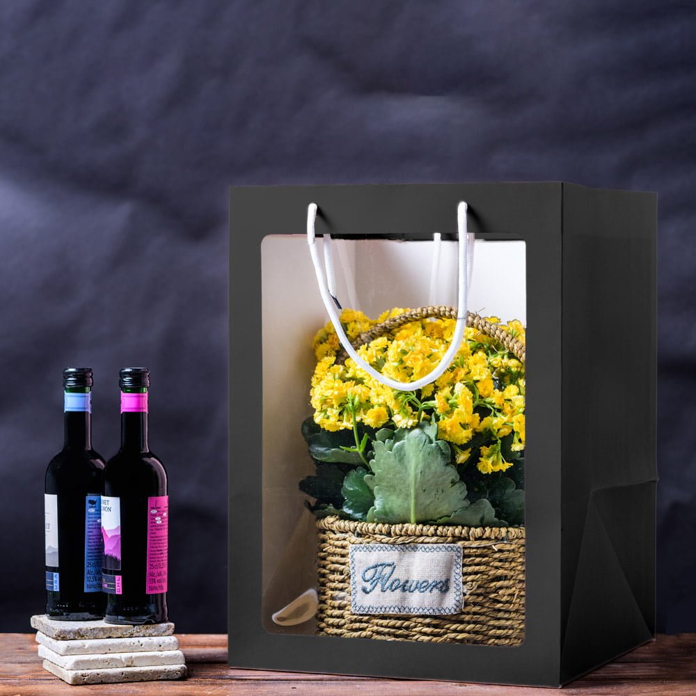 Pungi hârtie cu fereastră - negru (set 10 buc)