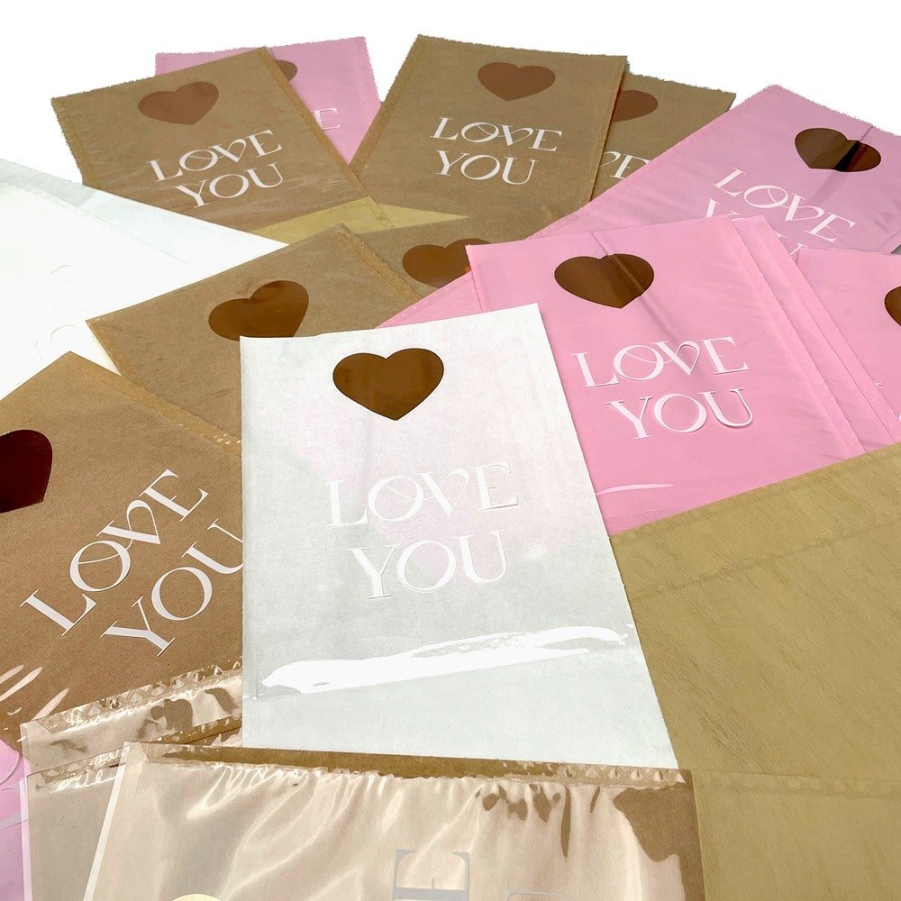 Pungi hârtie pentru flori Love you - maro (set 10 buc)
