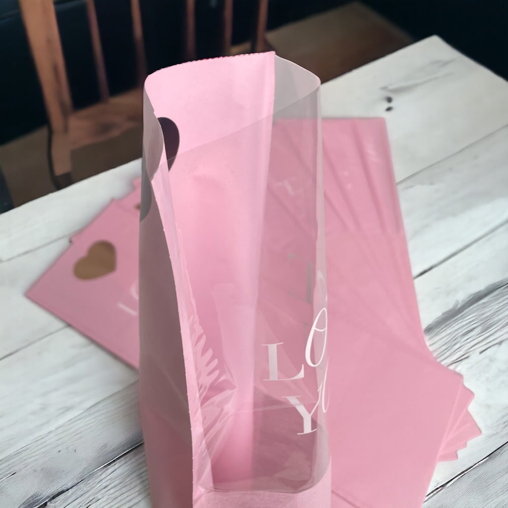 Pungi hârtie pentru flori Love you - roz (set 10 buc)