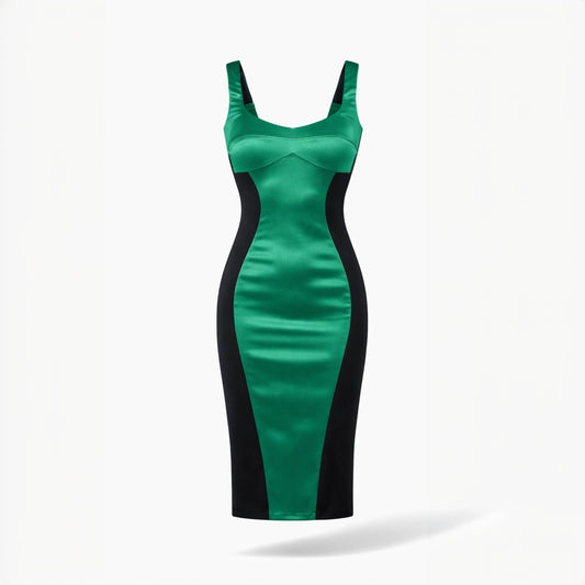 Rochie midi mulata cu insertie din satin verde Hannah