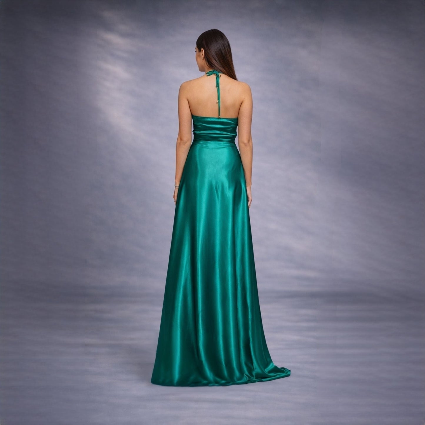 Rochie verde lunga din satin cu dantela Sensation