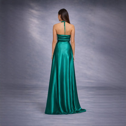 Rochie verde lunga din satin cu dantela Sensation