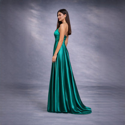 Rochie verde lunga din satin cu dantela Sensation