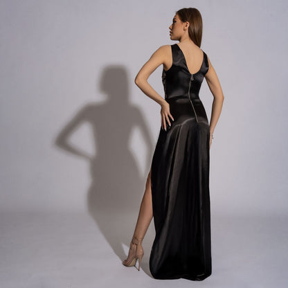 Rochie neagra lunga din satin cu paiete Celebrity