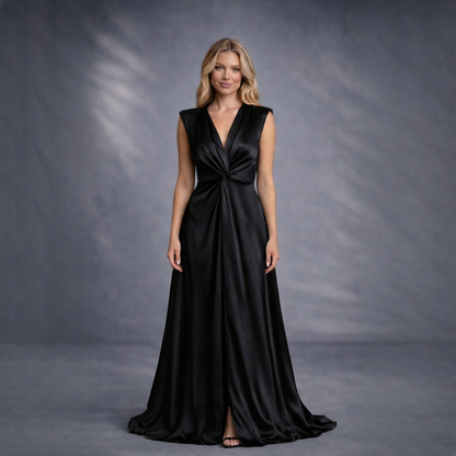 Rochie neagra lunga din satin cu nod in talie si despicatura London