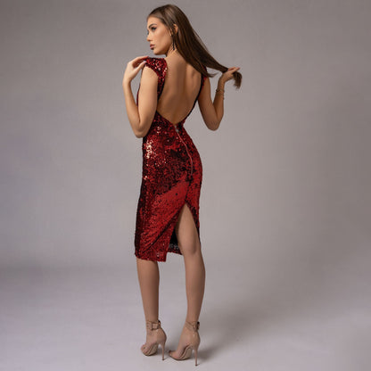 Rochie midi din paiete rosii cu spatele gol Revenge