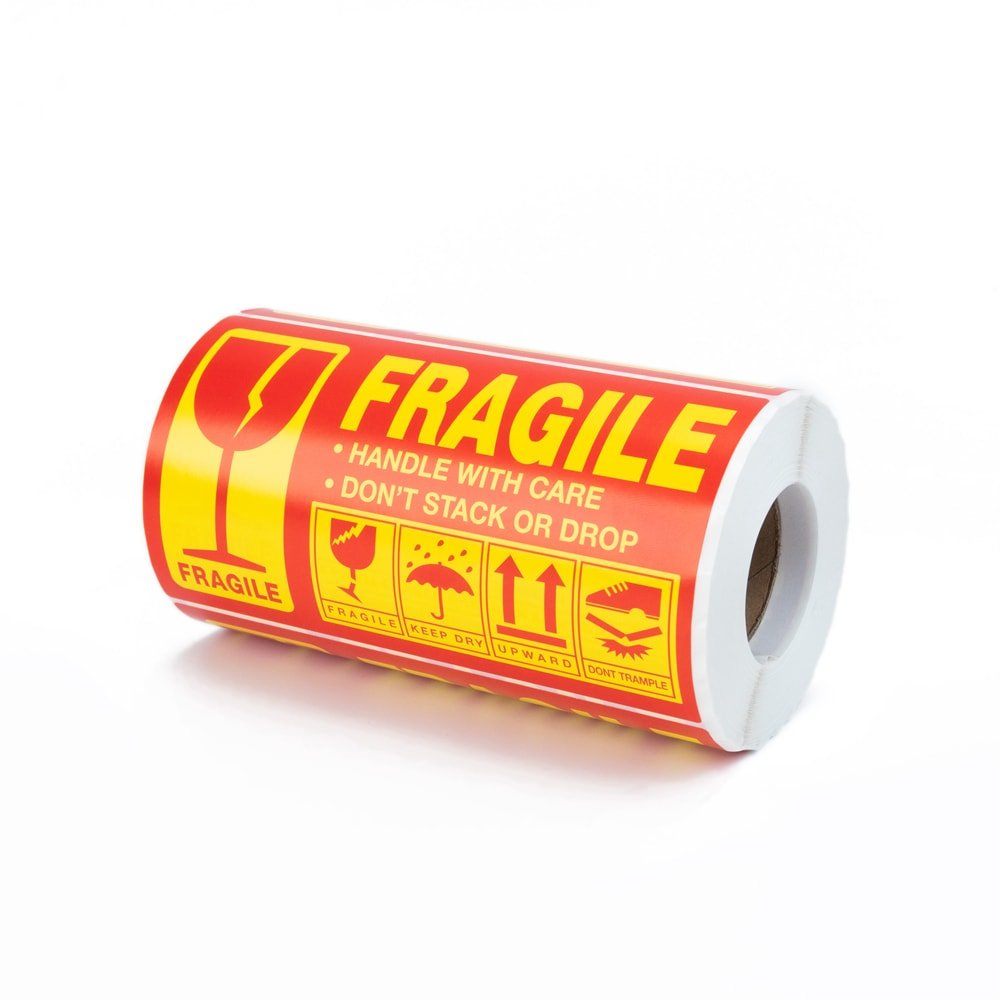 Rolă 300 stickere Fragile dreptunghiulare 12.7x7.6cm - model 3 (galben)