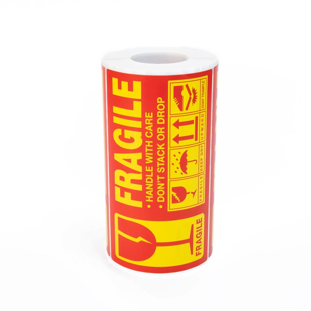 Rolă 300 stickere Fragile dreptunghiulare 12.7x7.6cm - model 3 (galben)