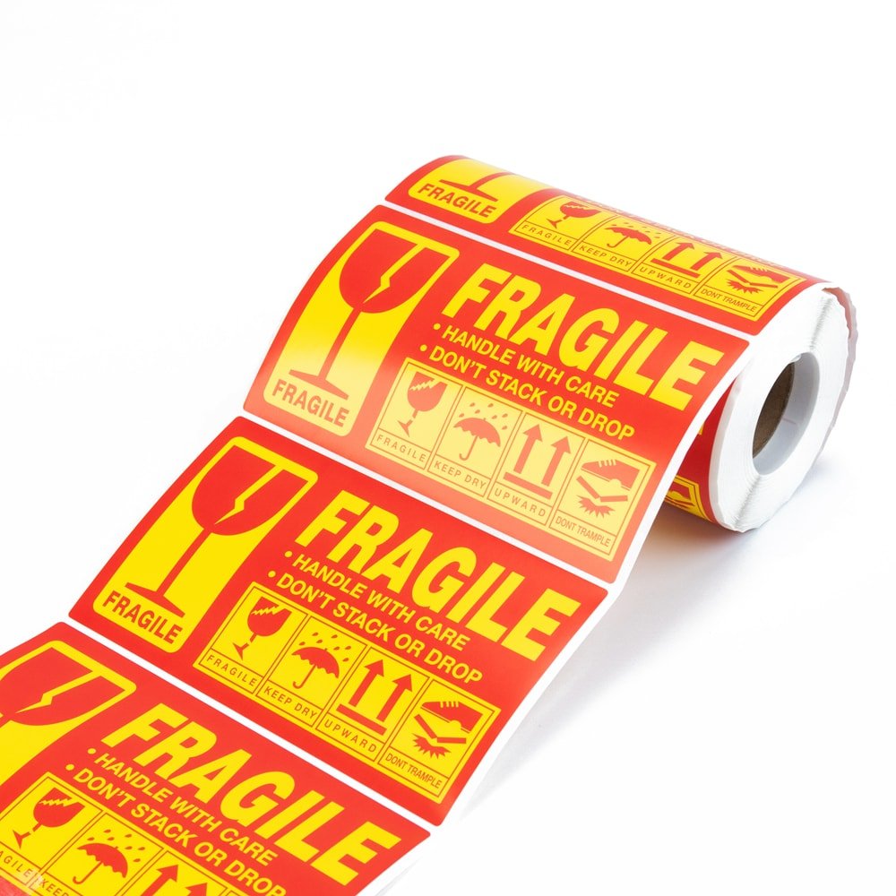 Rolă 300 stickere Fragile dreptunghiulare 12.7x7.6cm - model 3 (galben)