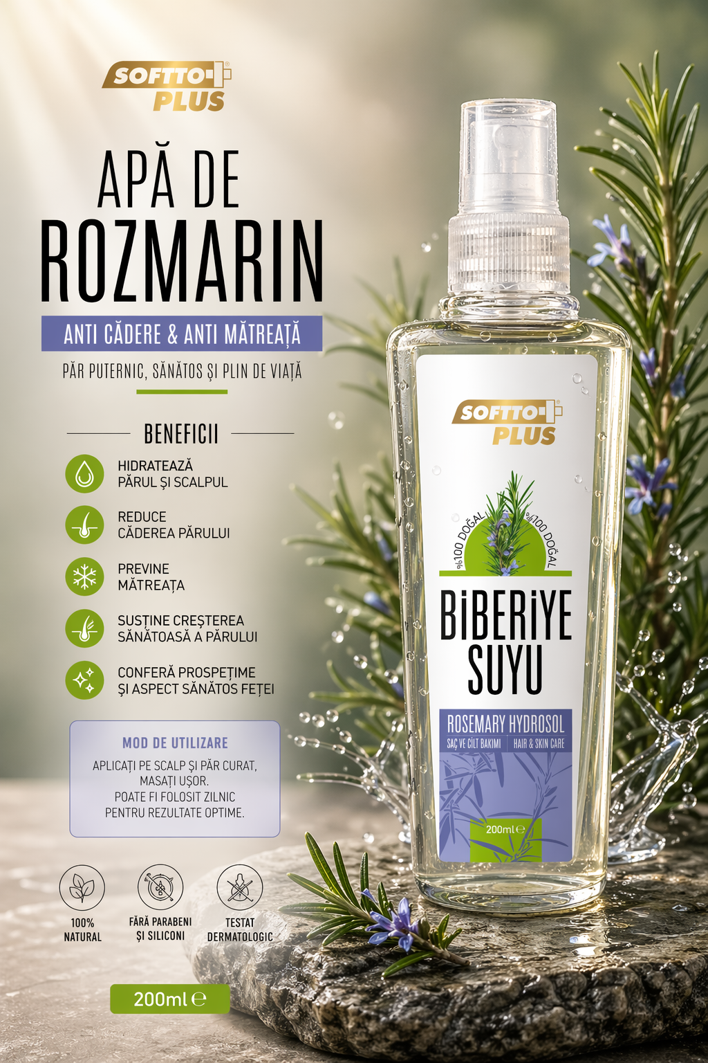 Apă de Rozmarin - Anti Cădere & Anti Mătreață