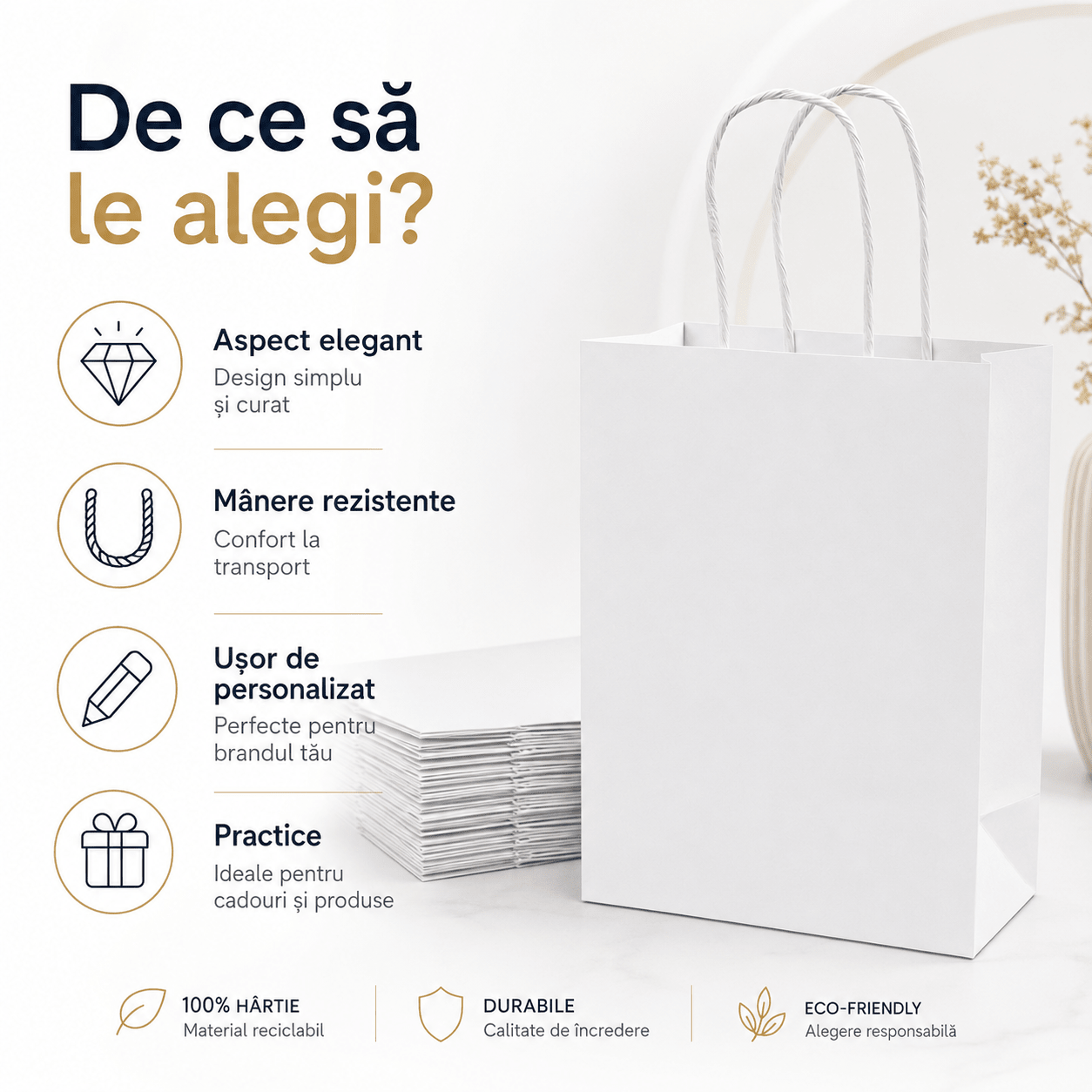 Sacoșe hârtie cu mâner răsucit - alb (set 12 buc)