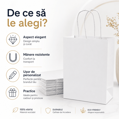 Sacoșe hârtie cu mâner răsucit - alb (set 12 buc)