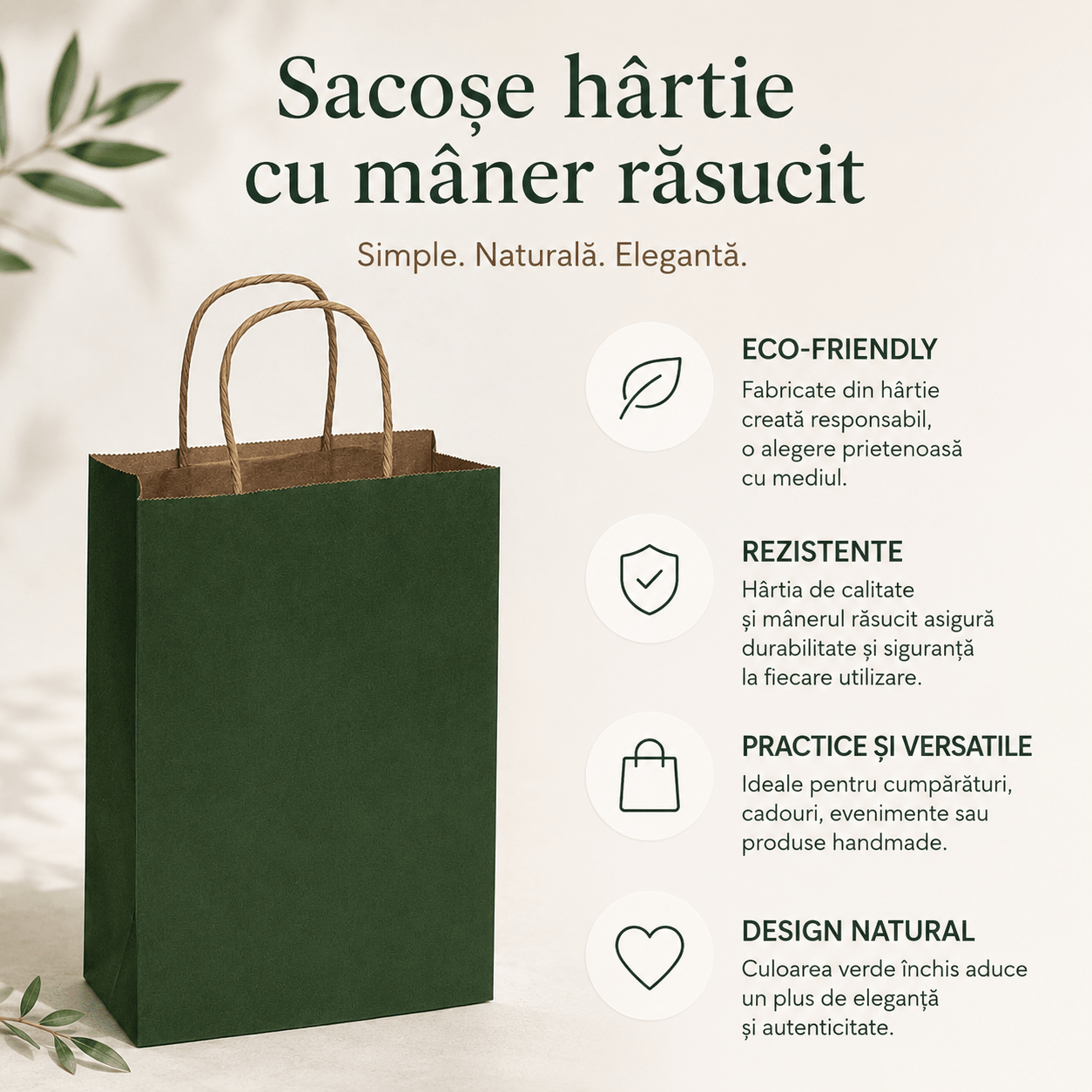 Sacoșe hârtie cu mâner răsucit - verde închis (set 12 buc)