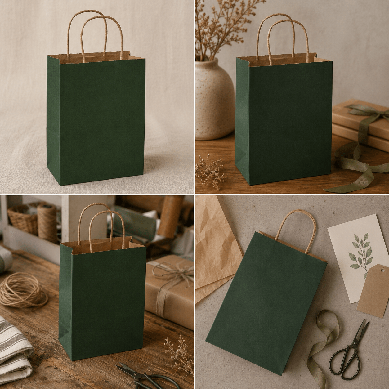 Sacoșe hârtie cu mâner răsucit - verde închis (set 12 buc)