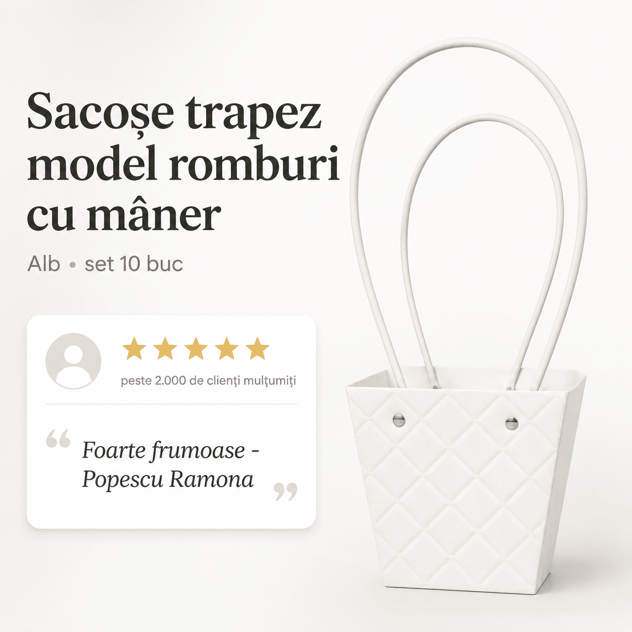Sacoșe trapez model romburi cu mâner - alb (set 10 buc)