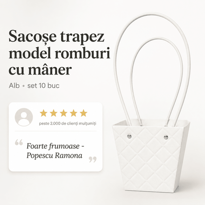 Sacoșe trapez model romburi cu mâner - alb (set 10 buc)