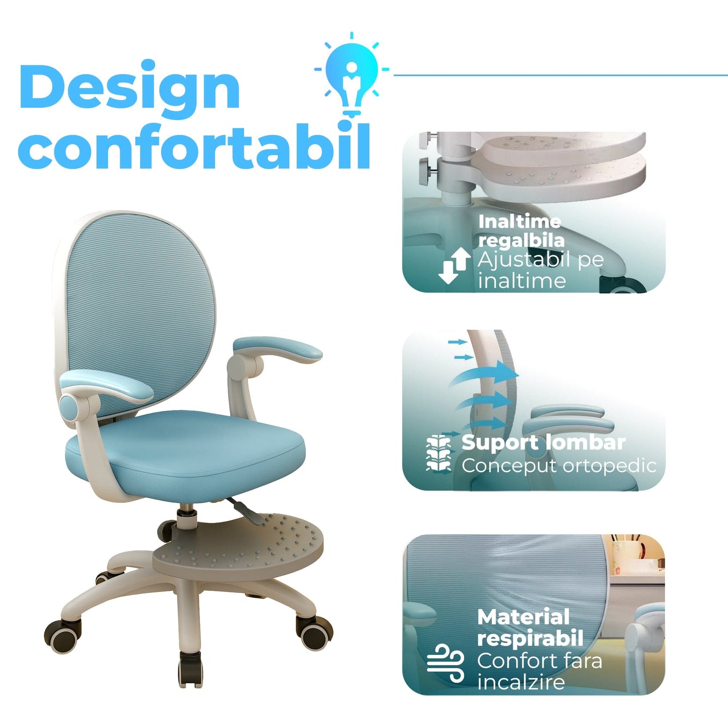 Scaun Reglabil pentru Copii, Model Ergonomic cu Spatar Confortabil, Albastru
