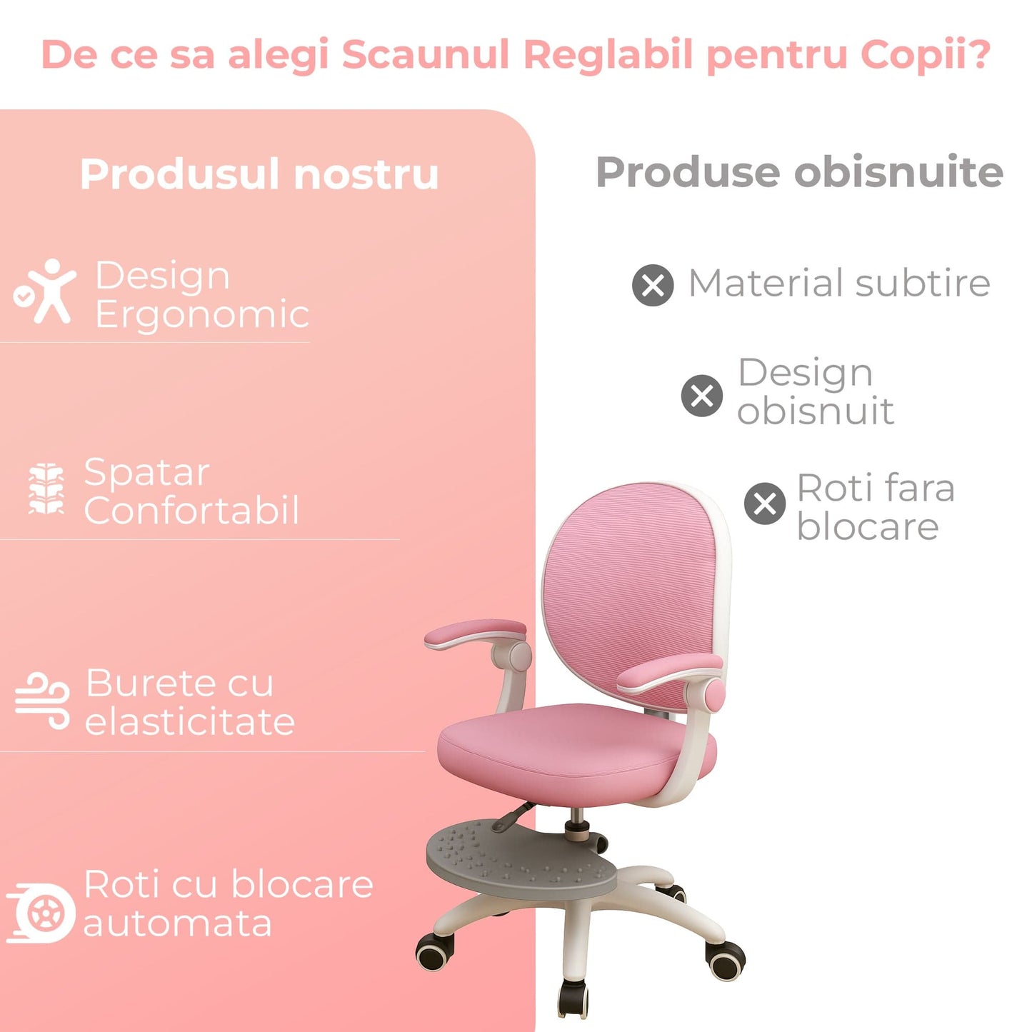 Scaun Reglabil pentru Copii, Model Ergonomic cu Spatar Confortabil, Roz