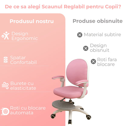 Scaun Reglabil pentru Copii, Model Ergonomic cu Spatar Confortabil, Roz