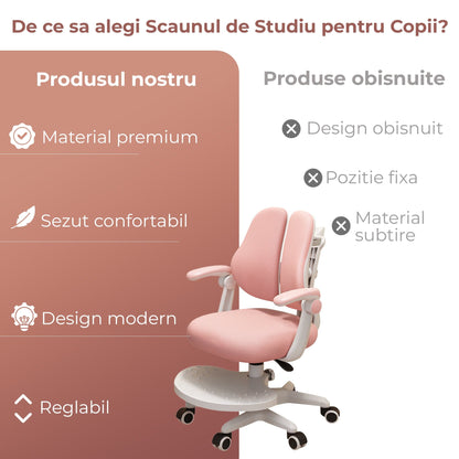Scaun ergonomic copii 3-12 ani, Rglaj inaltime, Brate rabatabile, Roti auto-blocante, Roz