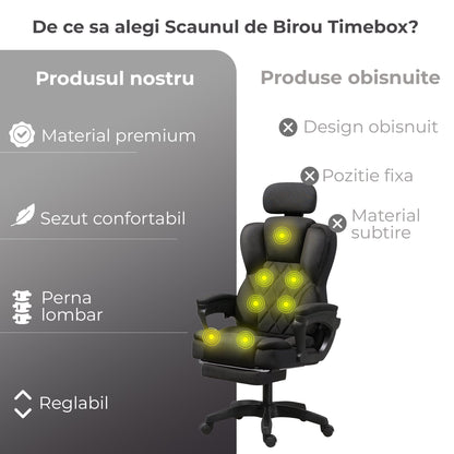 Scaun de Birou cu Masaj Timebox, 125°, Reglabil pe Inaltime, Negru
