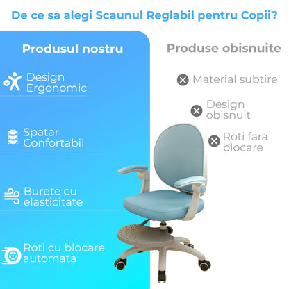 Scaun Reglabil pentru Copii, Model Ergonomic cu Spatar Confortabil, Albastru