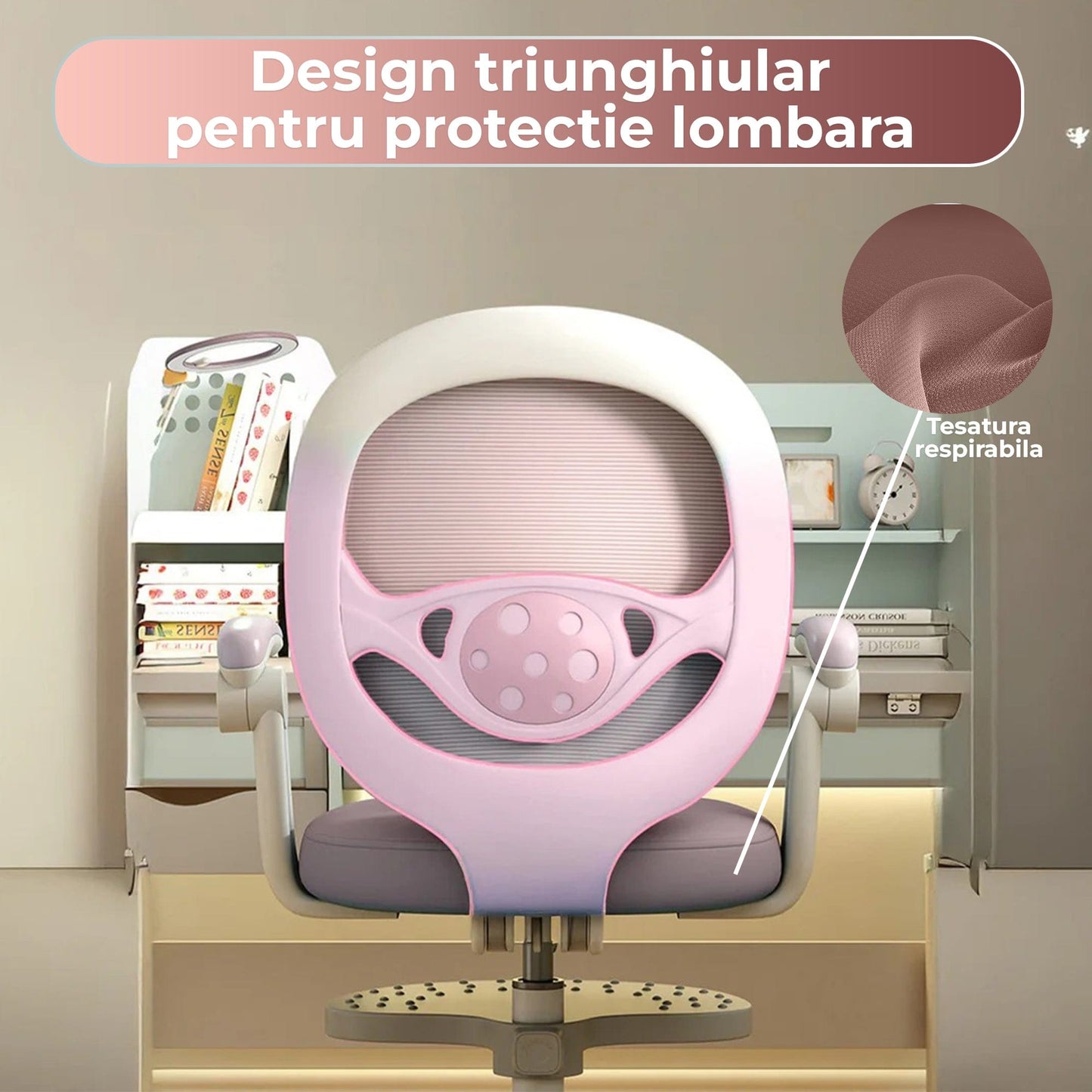 Scaun Reglabil pentru Copii, Model Ergonomic cu Spatar Confortabil, Roz