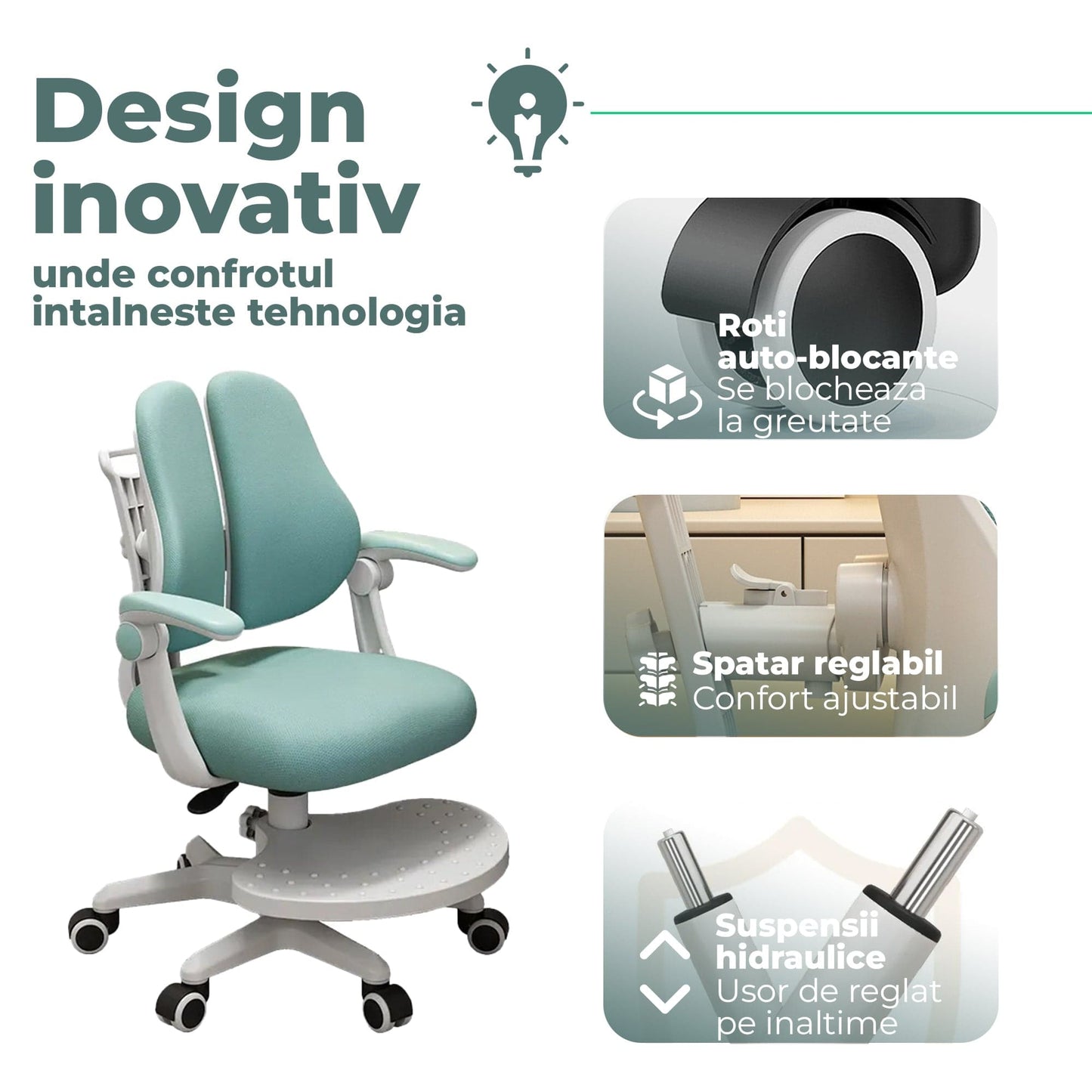Scaun ergonomic copii 3-12 ani, Rglaj inaltime, Brate rabatabile, Albastru