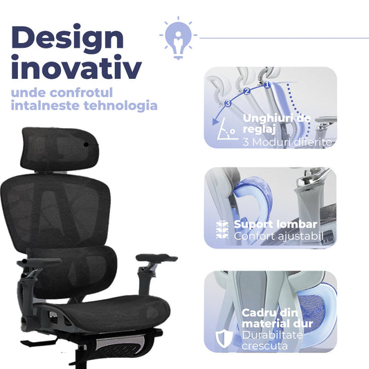 Scaun birou ergonomic Timebox, 360°, 9D armrest, 8D tetiera, Negru