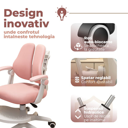 Scaun ergonomic copii 3-12 ani, Rglaj inaltime, Brate rabatabile, Roti auto-blocante, Roz