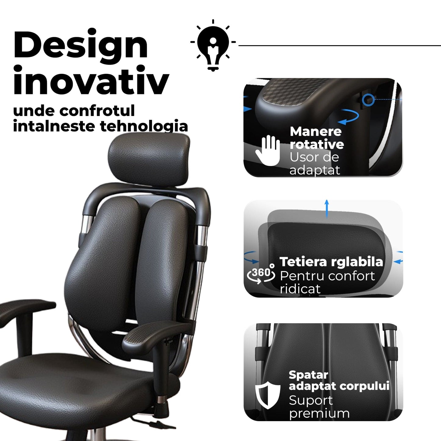 Scaun Ergonomic de Birou Timebox, Cotiere 3D, Tetiera Reglabila 3D, Negru