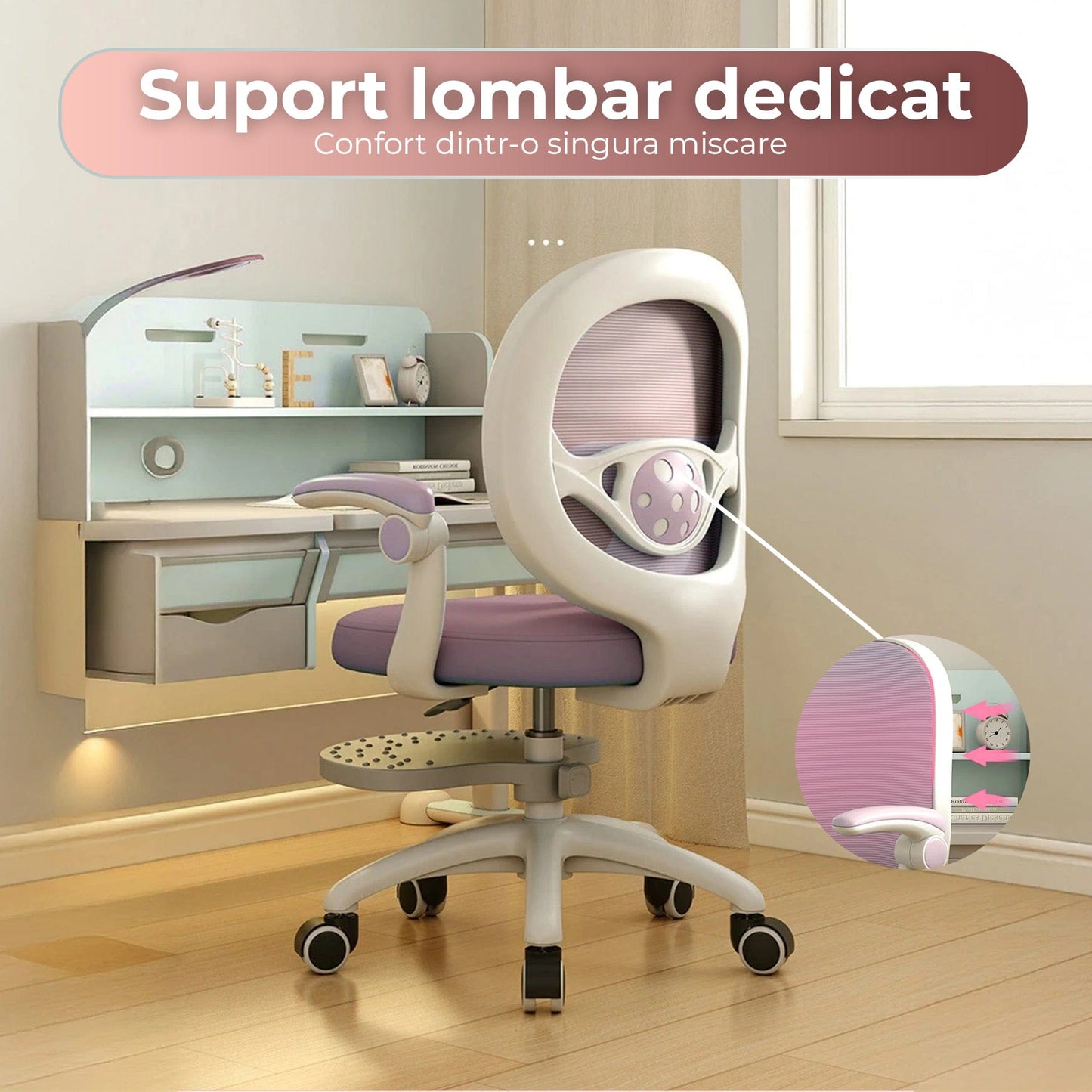 Scaun Reglabil pentru Copii, Model Ergonomic cu Spatar Confortabil, Roz
