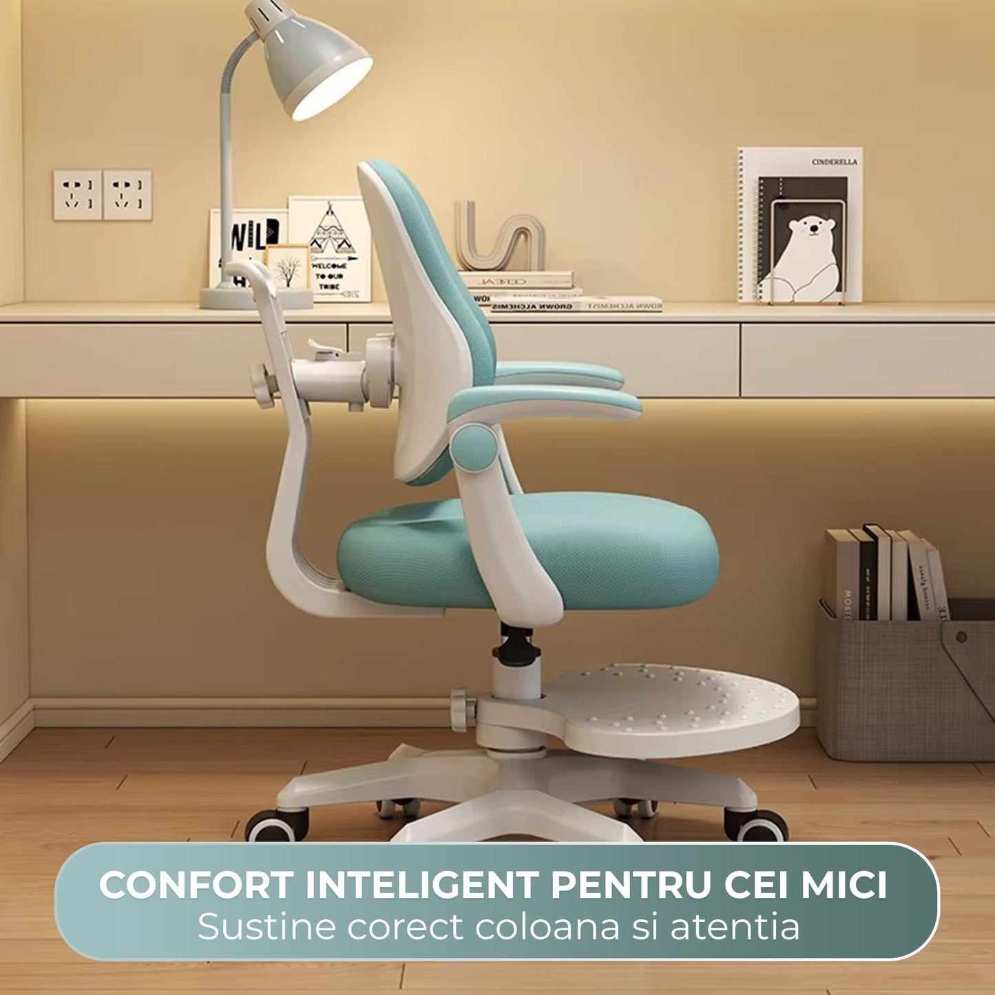 Scaun ergonomic copii 3-12 ani, Rglaj inaltime, Brate rabatabile, Albastru