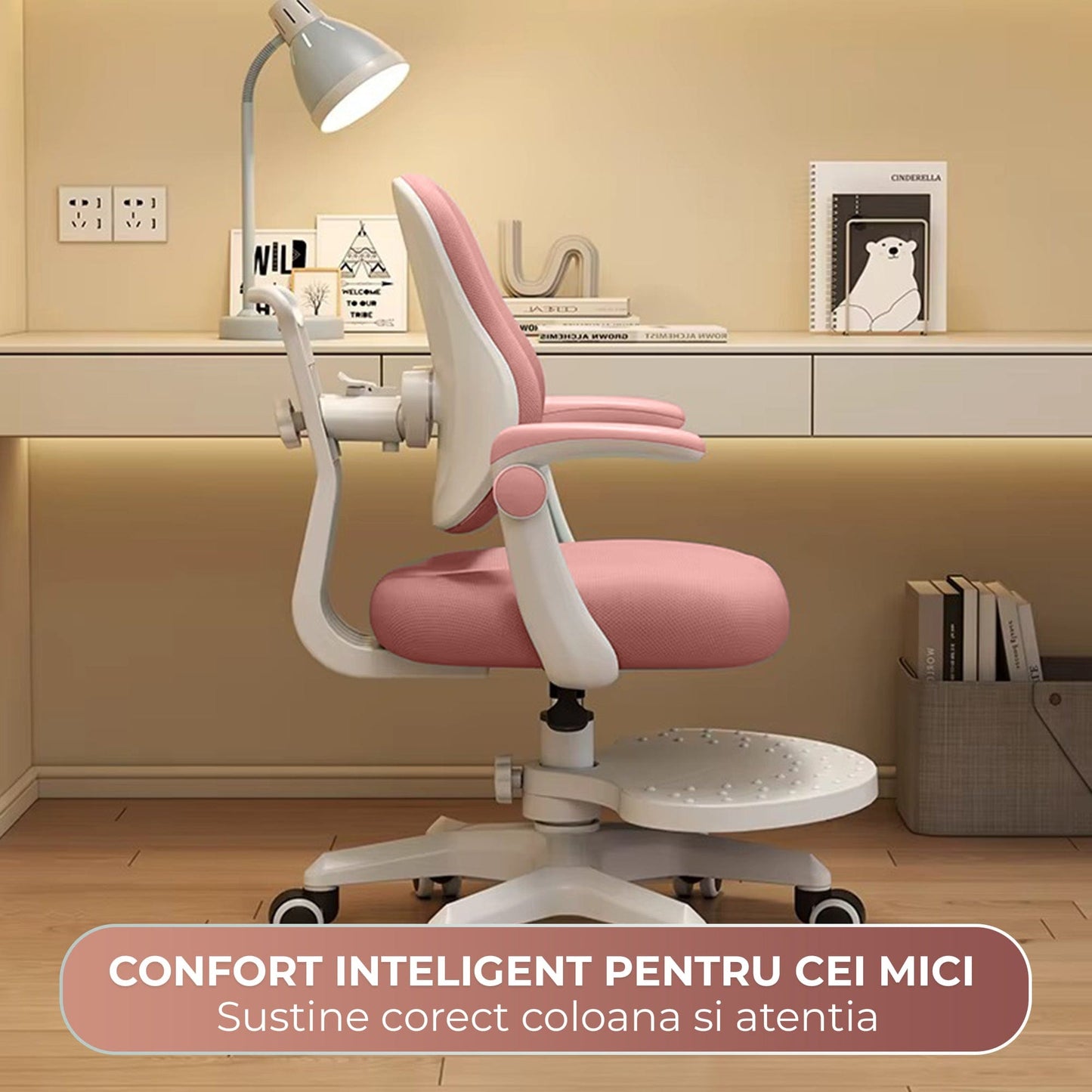 Scaun ergonomic copii 3-12 ani, Rglaj inaltime, Brate rabatabile, Roti auto-blocante, Roz