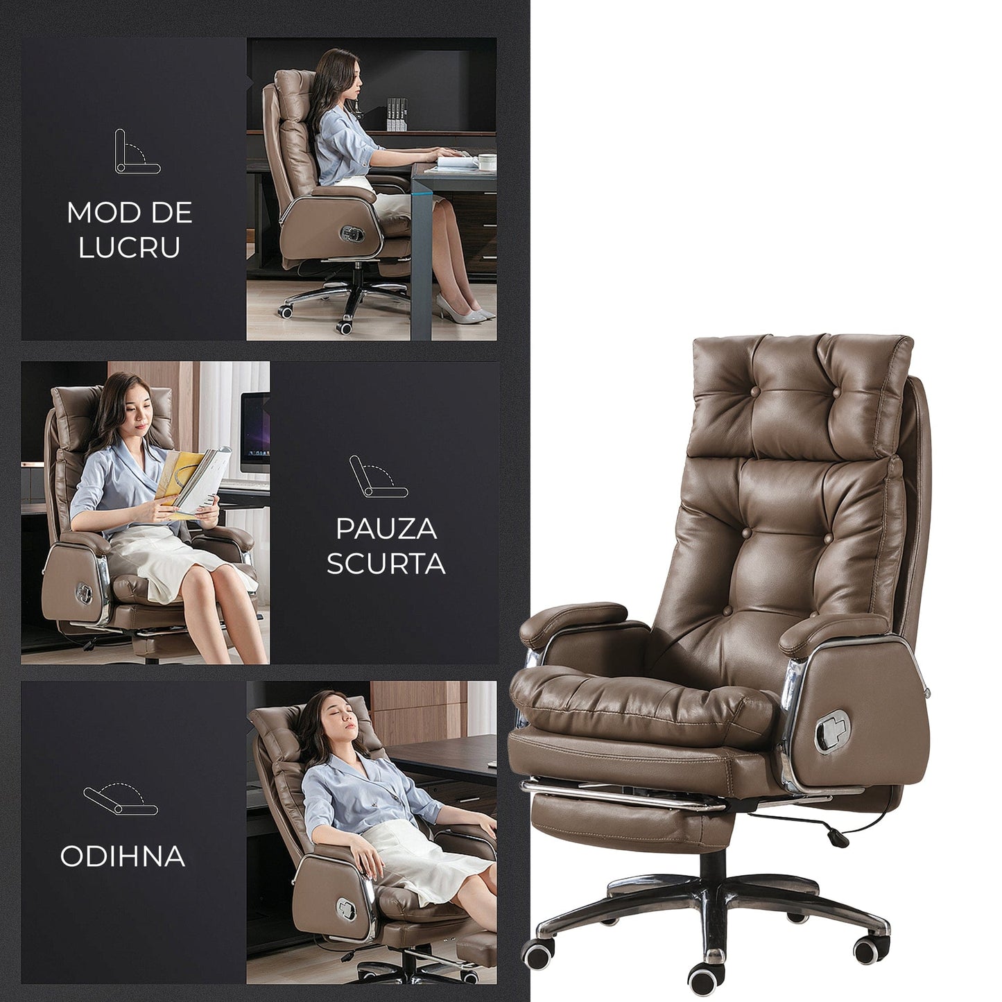 Scaun de Birou Ergonomic cu Masaj in 7 Puncte, 155°, Piele Premium, Maro