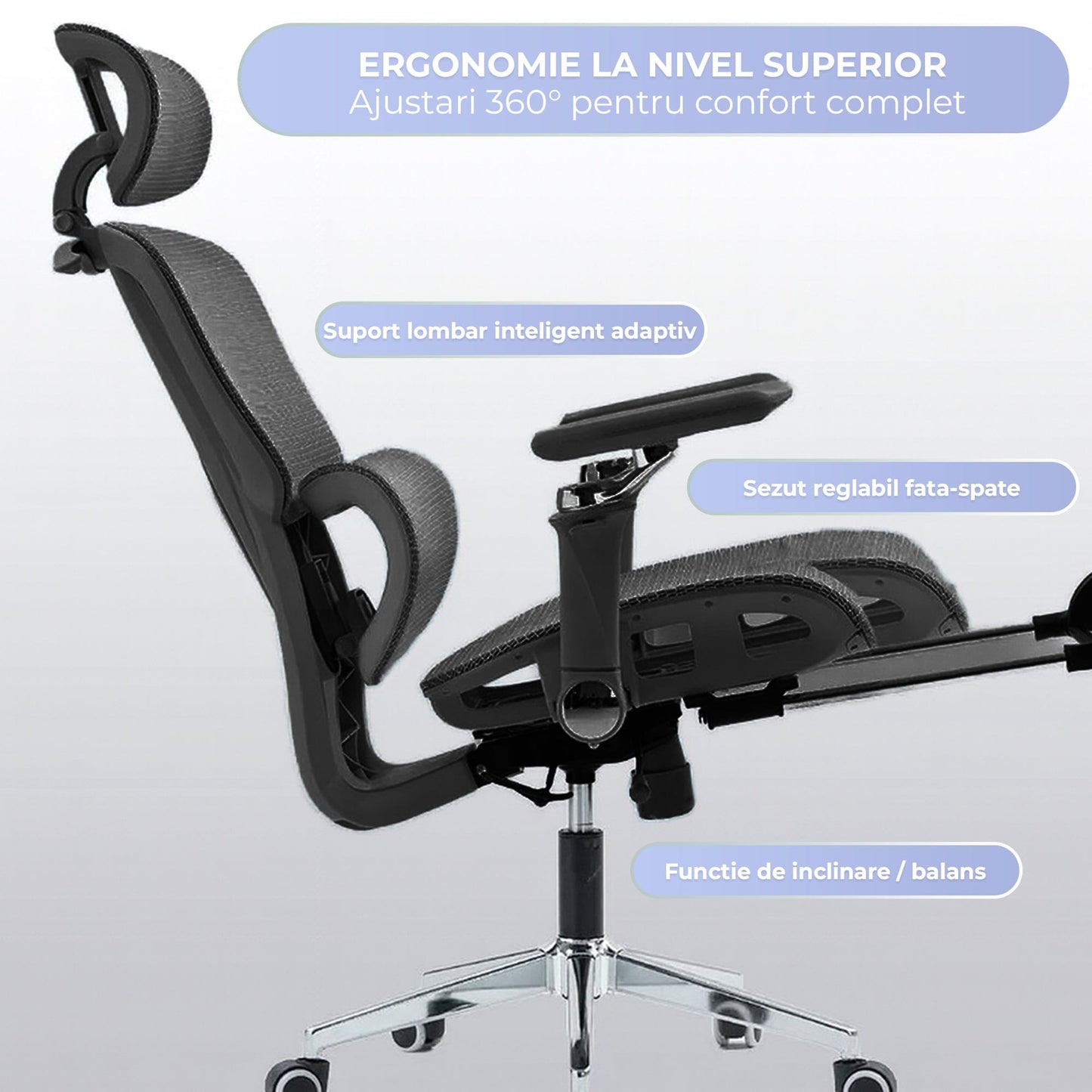 Scaun birou ergonomic Timebox, 360°, 9D armrest, 8D tetiera, Negru