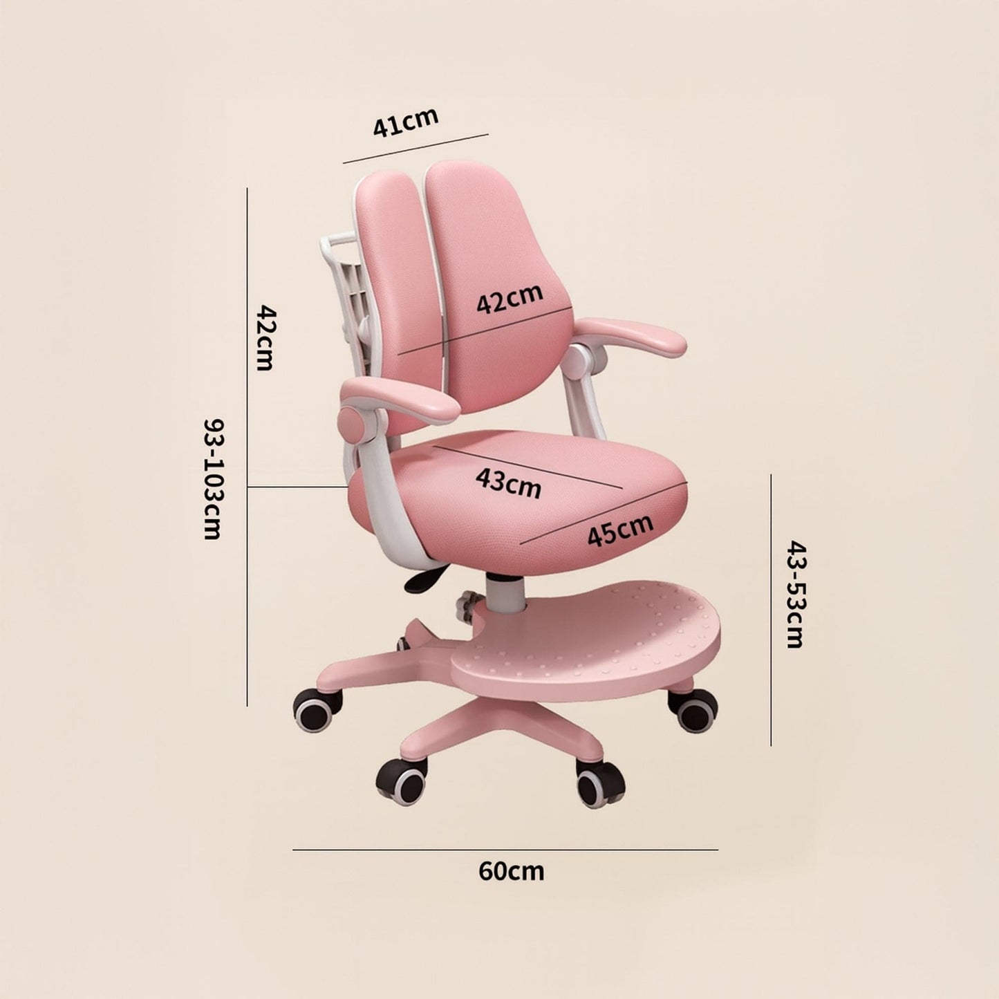 Scaun ergonomic copii 3-12 ani, Rglaj inaltime, Brate rabatabile, Roti auto-blocante, Roz