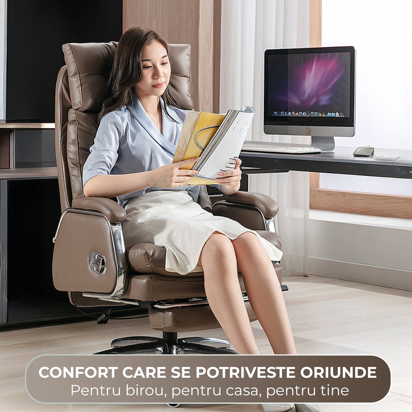 Scaun de Birou Ergonomic cu Masaj in 7 Puncte, 155°, Piele Premium, Maro
