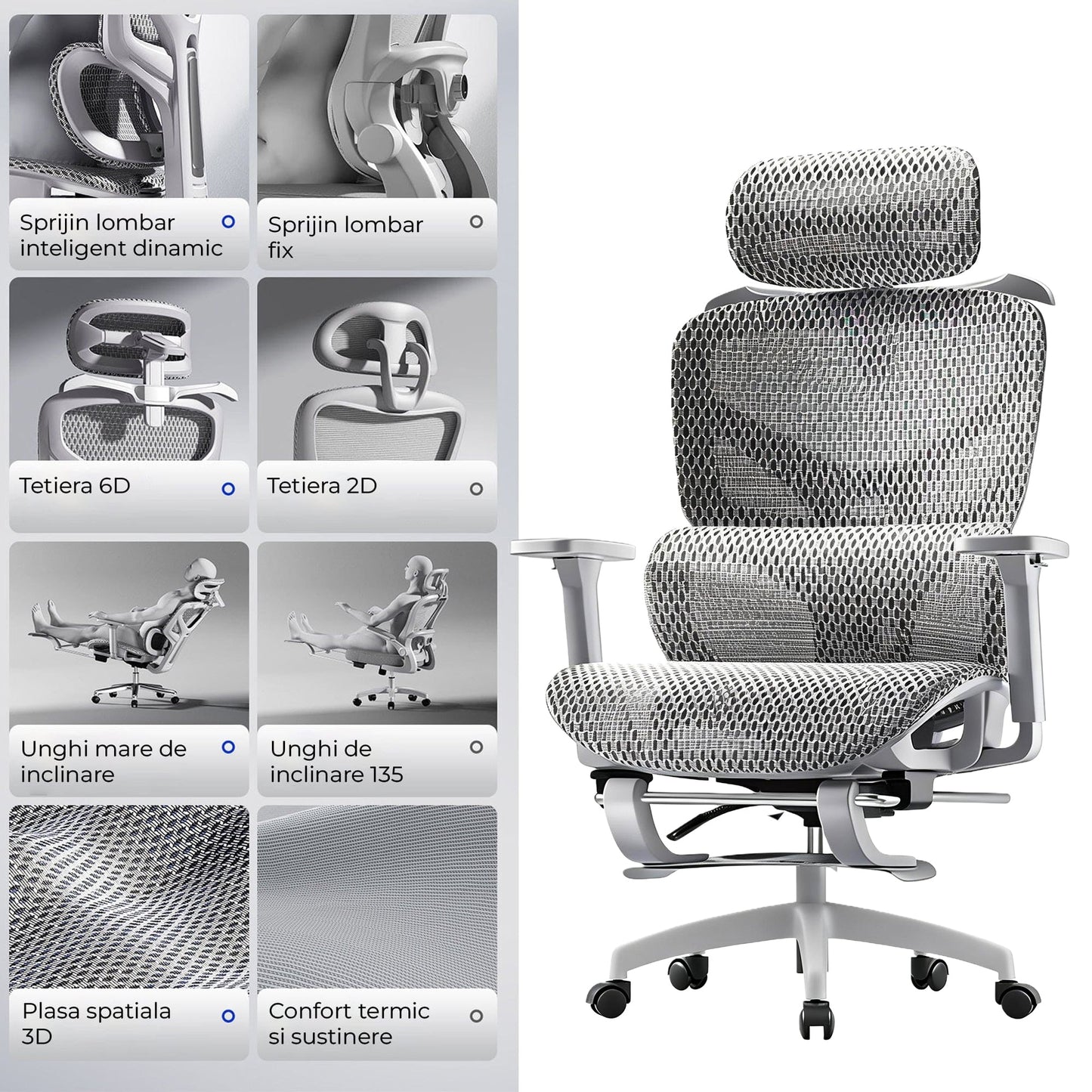 Scaun birou ergonomic Timebox, Tetiera, 4D armrest, Gri