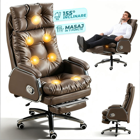 Scaun de Birou Ergonomic cu Masaj in 7 Puncte, 155°, Piele Premium, Maro