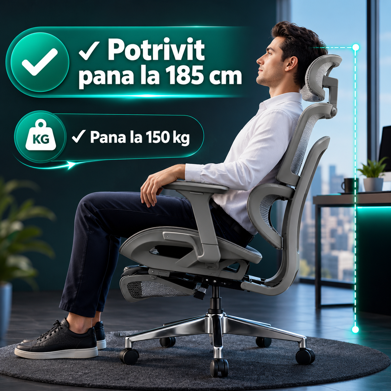 Scaun ergonomic Timebox, Cotiere 4D, pana la 150 kg, 150°, Gri
