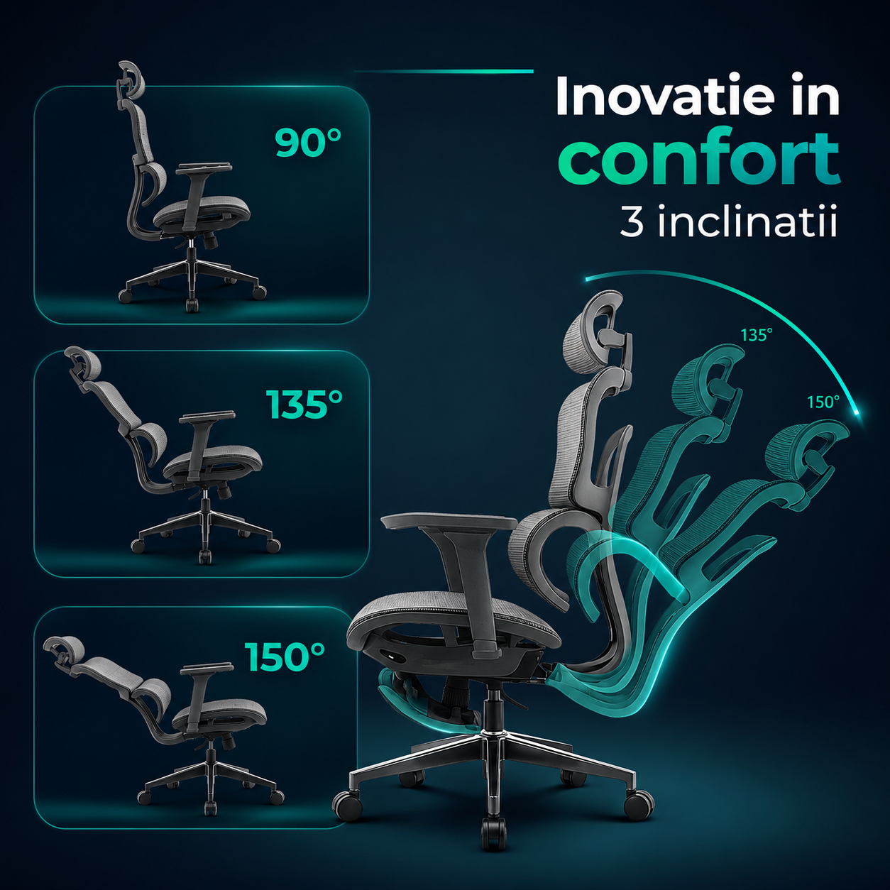 Scaun ergonomic Timebox, Cotiere 4D, pana la 150 kg, 150°, Gri