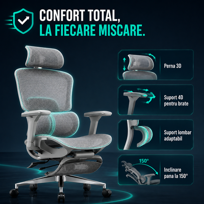 Scaun ergonomic Timebox, Cotiere 4D, pana la 150 kg, 150°, Gri