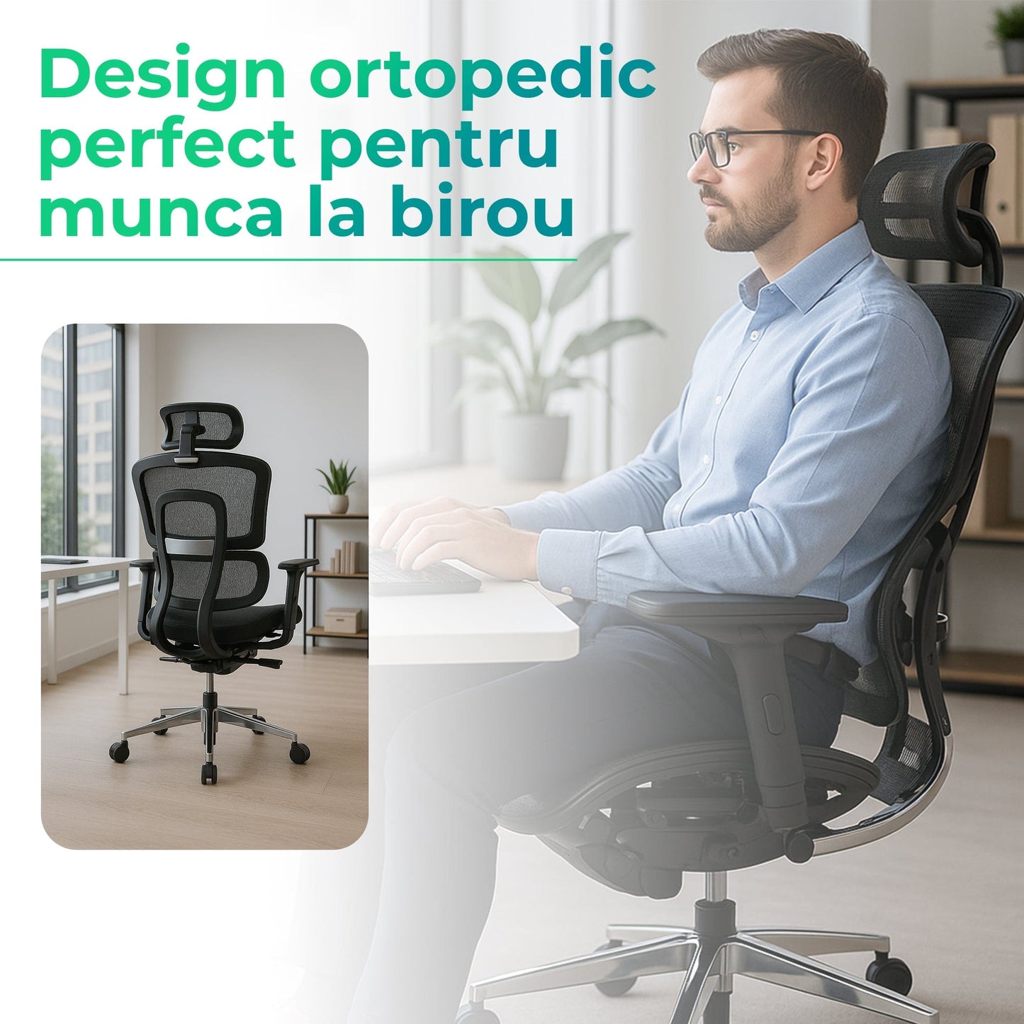 Scaun ergonomic Timebox, Cotiere 4D, pana la 150 kg, 150°, Negru