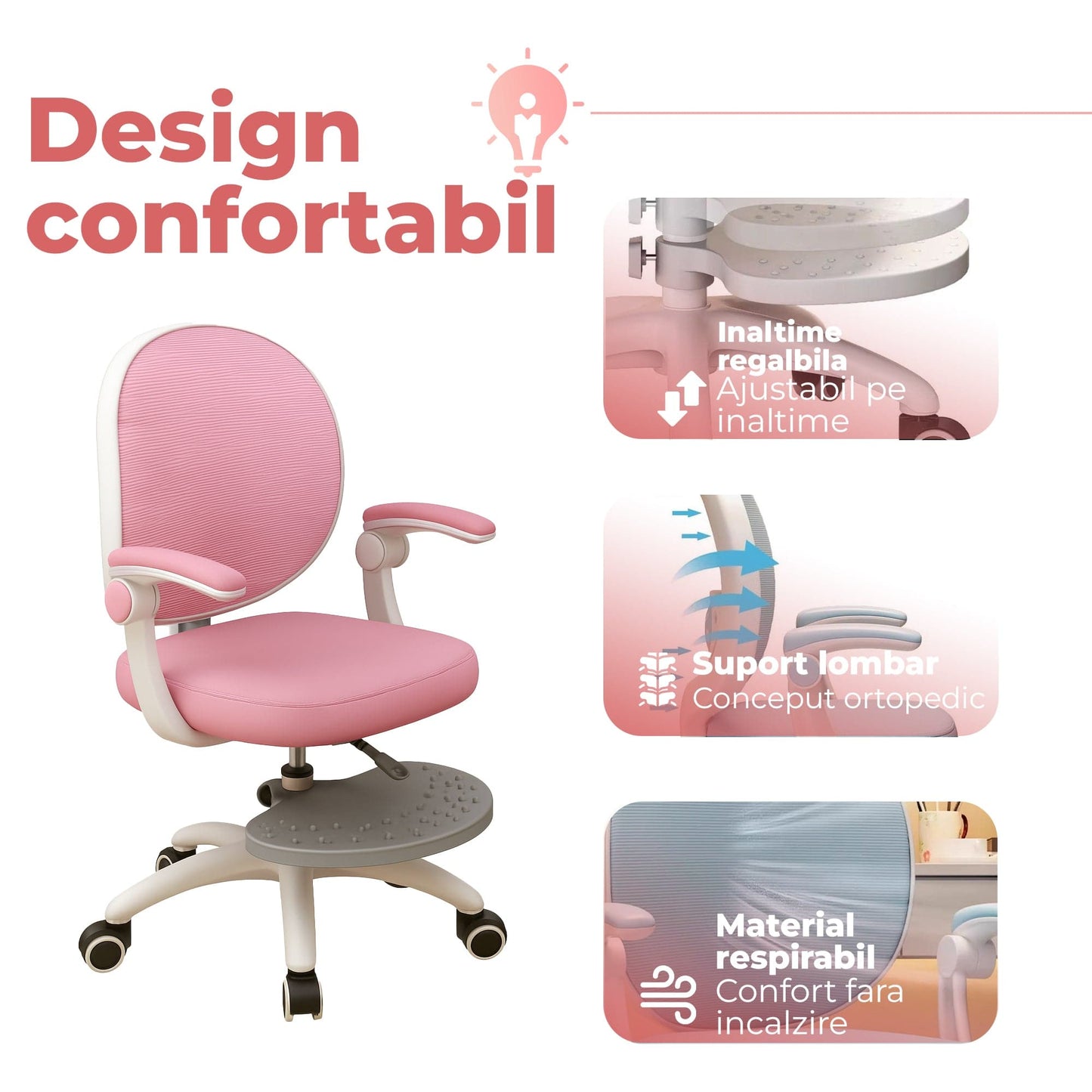 Scaun Reglabil pentru Copii, Model Ergonomic cu Spatar Confortabil, Roz
