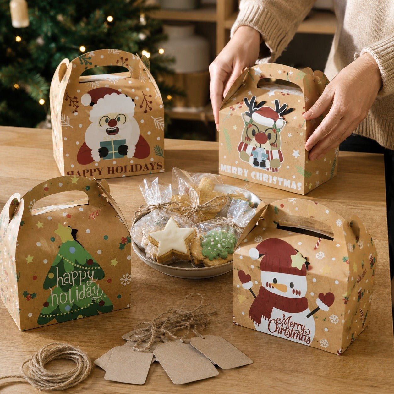 Set 12 cutii Crăciun 4 modele cu mâner - kraft