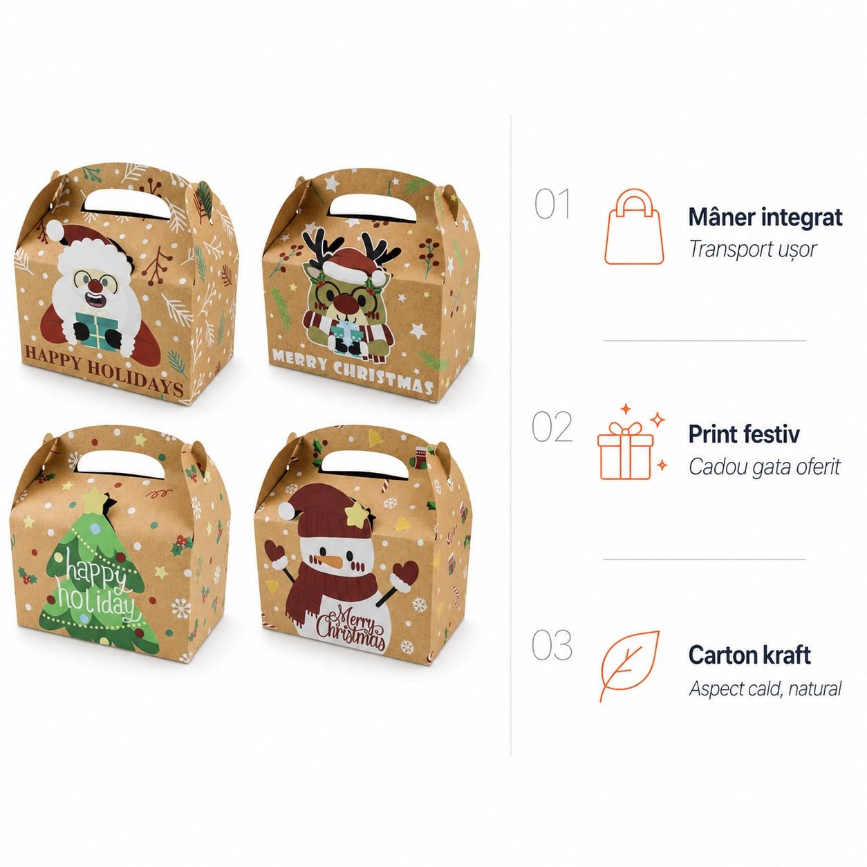 Set 12 cutii Crăciun 4 modele cu mâner - kraft