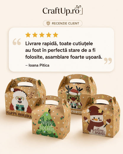 Set 12 cutii Crăciun 4 modele cu mâner - kraft