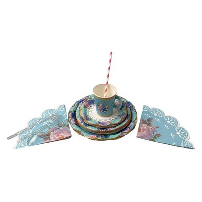 Set 148 articole petrecere - farfurii hârtie, pahare cu farfurioare, tacâmuri, paie și șervetele - bleu