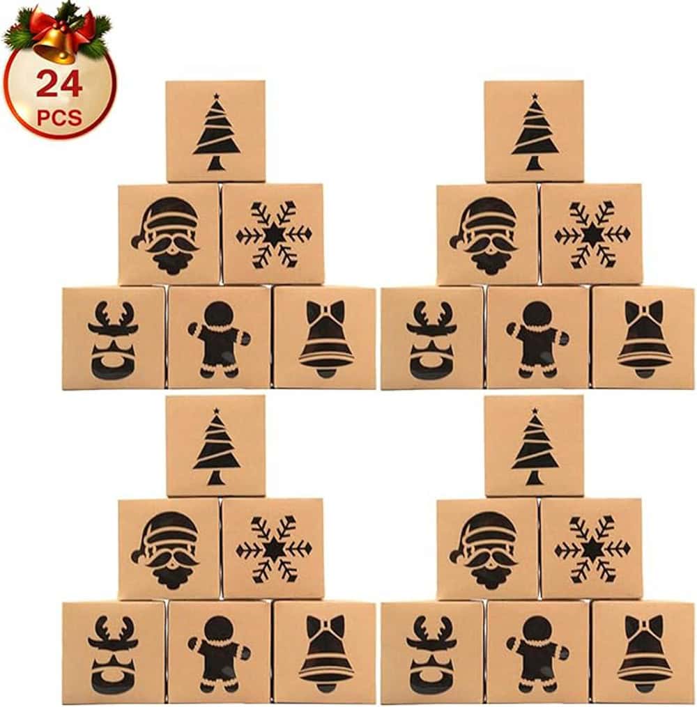 Set 24 cutii de Crăciun cu 6 modele de ferestre diferite - kraft